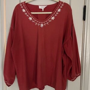 THE GREAT. Red Blouse with White Embroidery